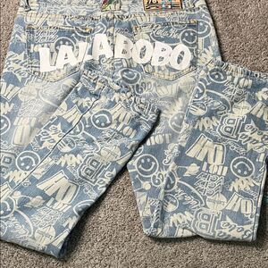 Rare Vintage Y2K Lala Bobo Juniors Light Blue Graphic Jeans Rainbow Surf
